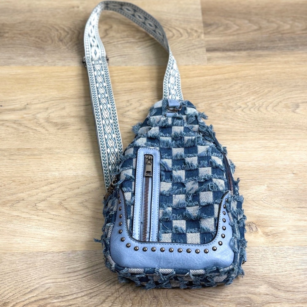 Sam & Hadley Blue Frayed Denim Checkered Sling Bag Women OS Boho
Casual Festival